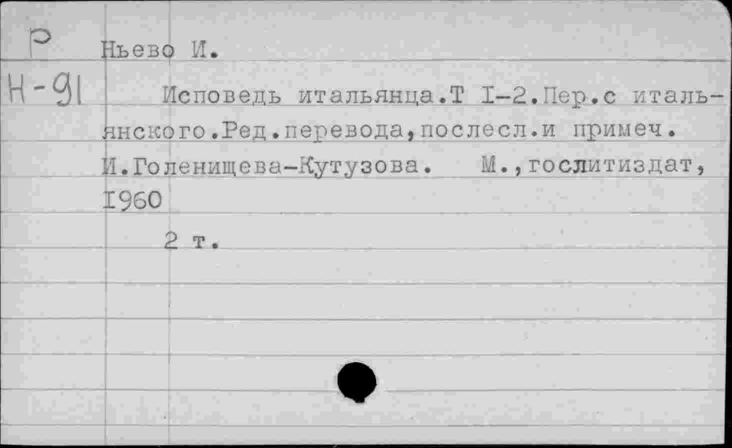 ﻿	1
р	Гьево И.
Н-91	Исповедь итальянца.Т 1-2.Пер.с италь-
	тнского.Ред.перевода,послесл.и примеч.
	I. Голенищева—Кутузова.	М.,Гослитиздат,
	1960
		2 т.
	
	
	
	
	
	